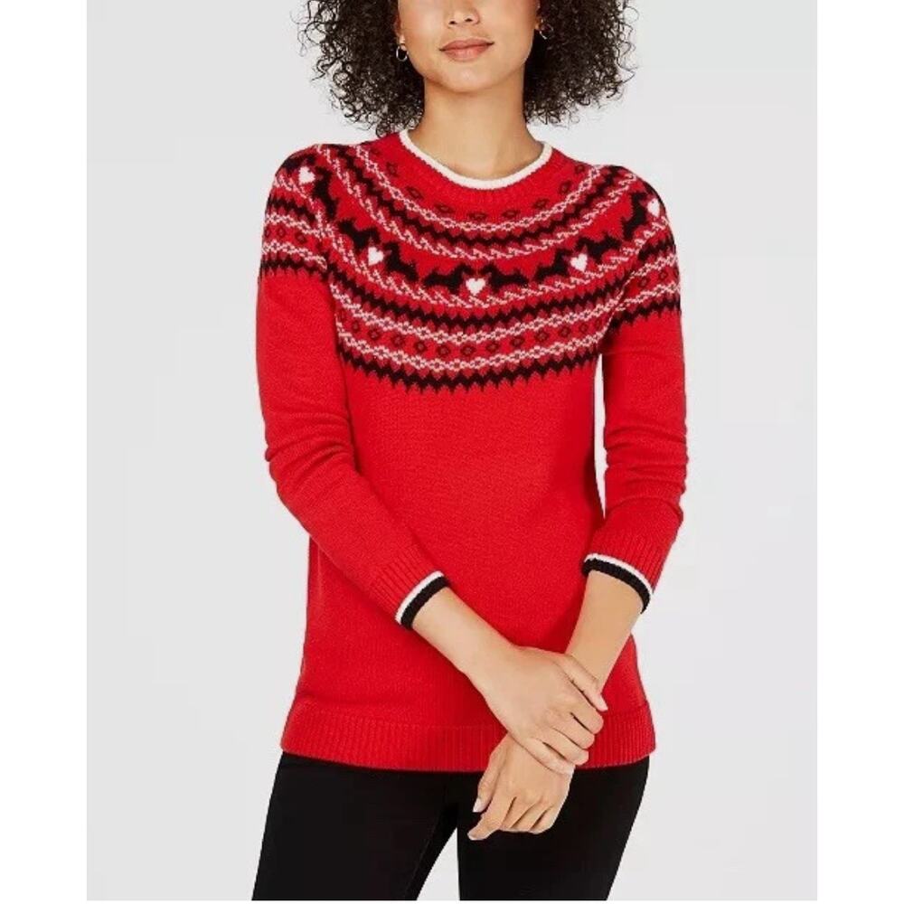 Charter Club Scottie Dog Fair Isle Sweater Novelty Christmas Holiday Red Size XL - Picture 1 of 14